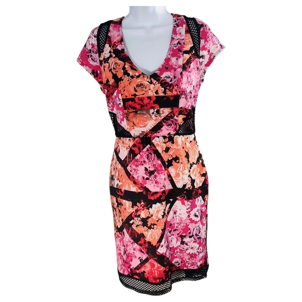 Bailey Blue Stretch Knit & Mesh Dress Women's Sz L Multicolor Floral Sort Sleeve - Picture 12 of 12